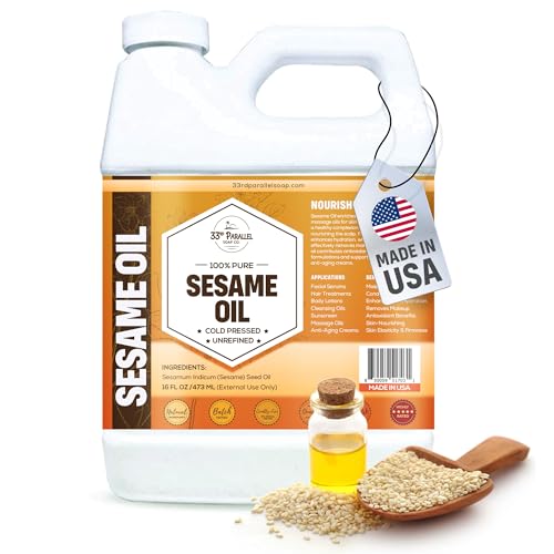 ORGANIC SESAME OIL (16 oz) Premium Cold Pressed Unrefined | 100% Pure Sesame Oil for Skin, Face, Hair, Soap Making | Carrier for Essential Oils | Available in Bulk | 16 FL OZ