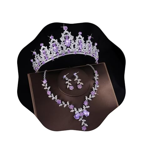 Kamirola Tiaras and Crowns for Women,Tiaras Earrings Necklace, Crystal Bridal Jewelry Set, Costume Party Halloween Prom Pageant Jewelry for Women(TR45) - color: Silver Purple