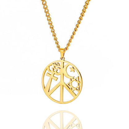 VASSAGO Coexist in Peace Necklace for Women Men Stainless Steel Yin Yang Cross Om Star Crescent Moon Pendant Religious Jewelry - color: gold 3