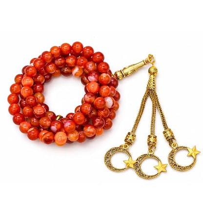 Amazing Gemstone Crystal Tasbeeh with Moon and Star Charm - Certified Crystal Muslim Prayer Beads Natural Gemstone Tasbih Gift for Ramadan Dhikr and Daily Namaz (G) - color: Red Banded Agate