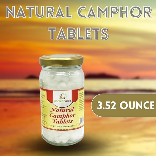 ANCIENT VEDA Natural Camphor Tablets in Glass Jar Bottle Premium Quality Refined 100% Natural for Aromatherapy, Odor Eliminator, Puja, Alcanfor (100 Gram) - size: 100 Gram