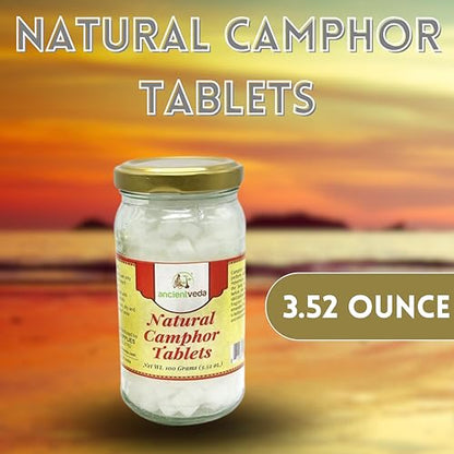 ANCIENT VEDA Natural Camphor Tablets in Glass Jar Bottle Premium Quality Refined 100% Natural for Aromatherapy, Odor Eliminator, Puja, Alcanfor (100 Gram) - size: 100 Gram