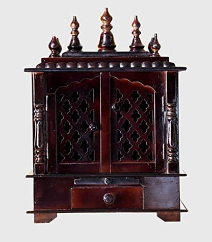Wooden Temple for Home with Drawer & Storage | Premium Sheesham Finish Home Pooja Mandir | Handcrafted Wooden Mandapam Cabinet for Wall Hanging & Tabletop Setup