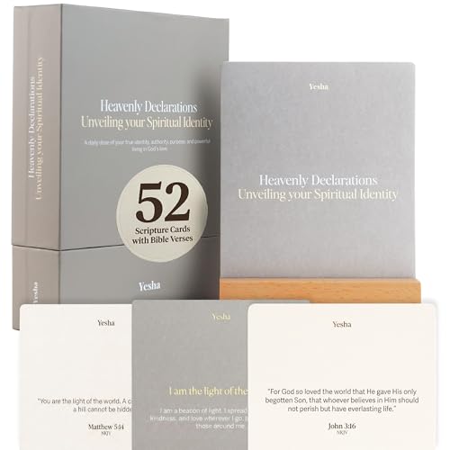 Yesha 52 Daily Bible Verse Cards with Wooden Stand | Heavenly Declarations | Christian Affirmation Cards for Identity in Christ | Premium Scripture Cards for Women & Men | Devotional Gift Set