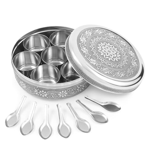KSJONE Designer Spice Container Masala Dabba, 7 Spice Jars, Holds 7 Spices, Spice Container Box, Polished Stainless Steel with 7 Serving Spoons, Indian Masala Dabba with Lid, 8 Inch