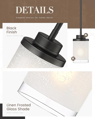 TENGXIN Matte Black Pendant Lights Kitchen Island, Frosted Glass Shade - color: Matte Black, Linen Frosted Glass, size: 4"