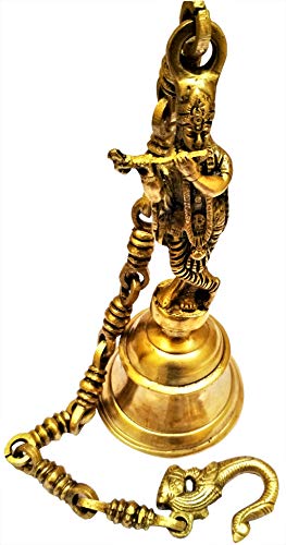 Purpledip Brass Hanging Bell Lord Krishna: Deep Resonating Sound (11578)