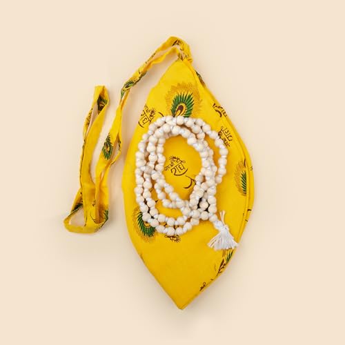 Set of Beads Mala and Cotton Gomukhi Japamala Bag Radhe Printed Japa Bag Jholi Prayer Chanting or Storing Bag Combo of 2 Pooja Items for Daily Mantra Jaap Meditation and Gifting (Kanha Japmala Set) - color: Kanha Japmala Set