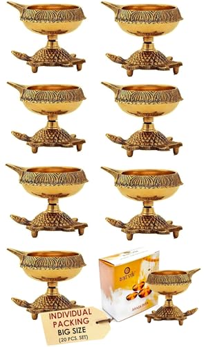 SATVIK 20 Pc Brass Kuber Turtle Diya Set | Traditional Handmade Golden Engraved Virgin Brass Oil Lamp for Puja, Pooja Room, Mandir & Temple | Reusable Diya for Daily Prayer, Diya Vilakku & Home Decor - size: 20PC