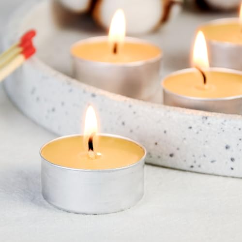 Natural Beeswax Tealight Candles in Metal Aluminum Cup, Yellow, Pack of 24