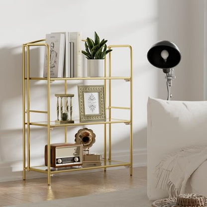 Crofy 3-Tier Wider Foldable Bookshelf, Gold Frame & Transparent Shelves - color: Gold Frame & Transparent Shelf, size: 3 Tier Wider