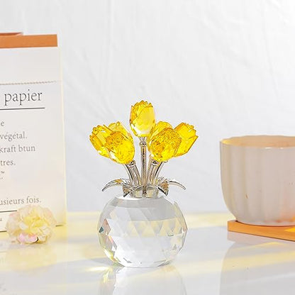 Movdyka Yellow Crystal Rose Glass Flowers with Vase Figurine Home Decor - color: Yellow-crystal Rose