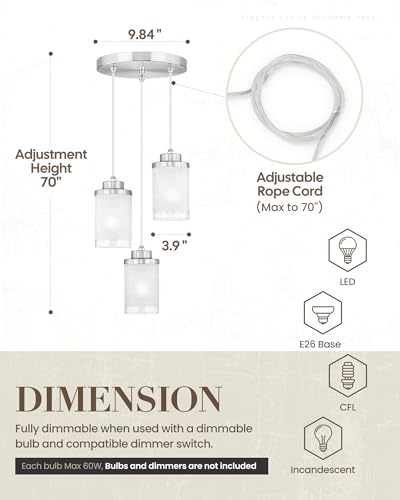 TENGXIN 3-Light Brushed Nickel Pendant Lights Kitchen Island, Frosted Glass - color: Brushed Nickel, Linen Frosted Glass, size: 4", 3-Light