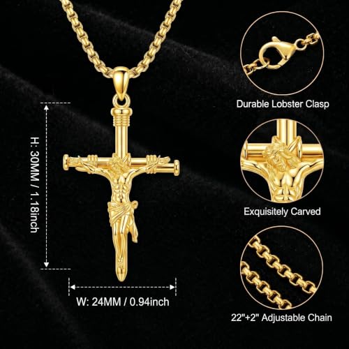 ROMANTICWORK Cross Pendant Necklace 14k Gold Plating Christian Crucifix Necklace Religious Confirmation Jewelry Gifts for Men Women - color: Jesus Cross