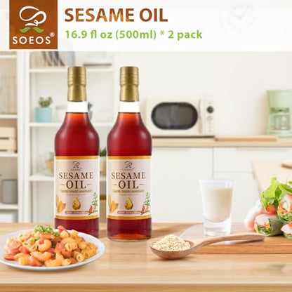Soeos Sesame Oil, Toasted Sesame Seed Oil, 16.9 Fl Oz (500 ml) Pack of 2, Nutty Flavor, Perfect for Asian Food, Noodles, Soup, Baking, and Stir-Fry, Total 1000 ml - size: 16.9 Fl Oz (Pack of 2)