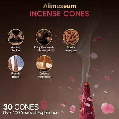 Aiimuzeum® Natural Rose Incense Cones 30 PCS- Handmade Excellence, Long Burning Perfect for Relaxation and Meditation,Aromatic Rooms,Air Purifier Home and House Decor (Andes - Wild Rose)