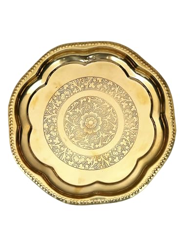 Exotic India Brass Pooja Thali Plate | Rituals Floral Design Aarti Plate for Puja Mandir, Lakshmi Poojan Plate for Diwali Festivals