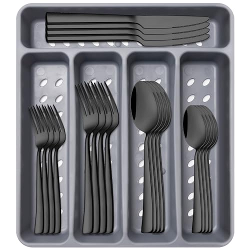 21 Pcs Black Silverware Sets with Organizer Spoon Fork Set Eating Utensils - color: Black