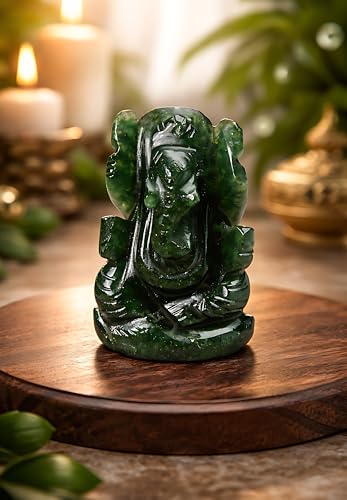 Natural Dark Green Aventurine Gemstone Ganesha Handcarved Statue Sculpture for Good Luck & Fortune. - color: Green Aventurine Ganesh