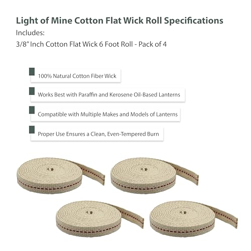 Light of Mine - 3/8" Inch 6' Foot, 100% Cotton Flat Wick - 4 Pack, for Paraffin Oil, Kerosene Based Lanterns, and Oil Lamps with Genuine Red Stitch (3/8" - 6' Roll, 4 Pack) - size: 3/8" 6 foot - 4 Pack