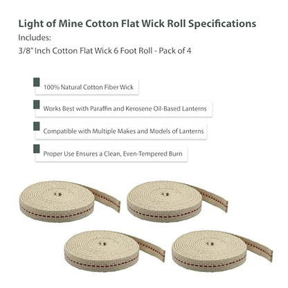 Light of Mine - 3/8" Inch 6' Foot, 100% Cotton Flat Wick - 4 Pack, for Paraffin Oil, Kerosene Based Lanterns, and Oil Lamps with Genuine Red Stitch (3/8" - 6' Roll, 4 Pack) - size: 3/8" 6 foot - 4 Pack