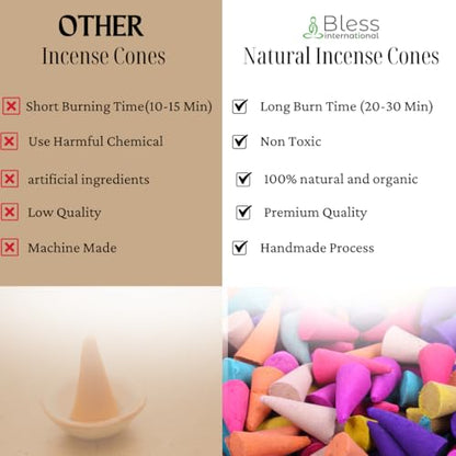 Bless International Coffee and Vanilla 100%-Natural-Incense-Cones Handmade-Hand-Dipped Organic-Chemicals-Free for-Purification-Relaxation-Positivity-Yoga-Meditation The-Best-scents (60 Count)