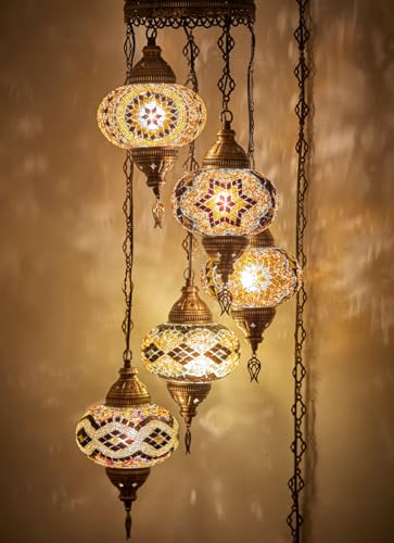 DEMMEX - 5-Large 7'' Globes Turkish Moroccan Plug-in Chandelier - Tiffany Mosaic Glass Pendant Light, Swag Hanging Lamp with 15 ft Cord & Chain, 4 ft Drop, for Living Room, Bedroom & Dining Room - color: Brown-Amber
