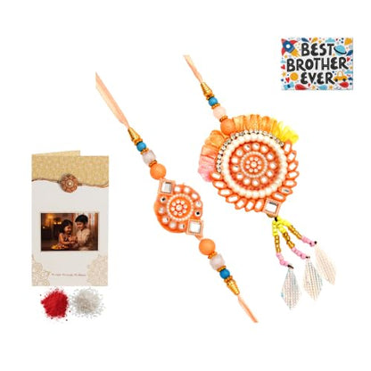 Premium Designer Bhaiya Bhabhi Rakhi Set with Lumba, Greeting Card, Roli Chawal & Fridge Magnet - color: Design-3