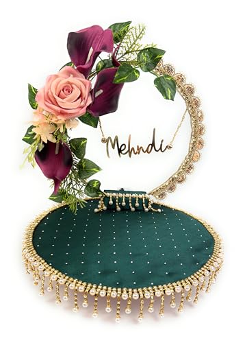 Handmade Mehndi Haldi Tray Set for Wedding & Engagement Green Gold Yellow Decorative Thali with Removable Top, Mini Kalash, Diya, Pooja Thali & Return Gift (Mehndi Green Tray) - color: Mehndi Green Tray