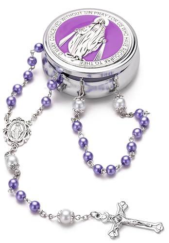 Rosary for Women with Case and 18pcs Prayer Cards, First Communion Gifts for Girls, Glass Pearl Beads and Virgin Mary Medal, Catholic Gifts - color: Purple