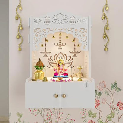Lotus Finish Wooden Wall Temple for Home with inbuilt Focus Lights Spacious Shelf White - color: White2, size: Small