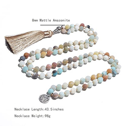108 Mala Prayer Beads Necklace Natural Stones Meditation Yoga Jewery 108 Hand Knotted Japa Mala Beaded Long Tassel Necklace with Tree of Life Pendant for Men and Women - color: 8mm Amazonite
