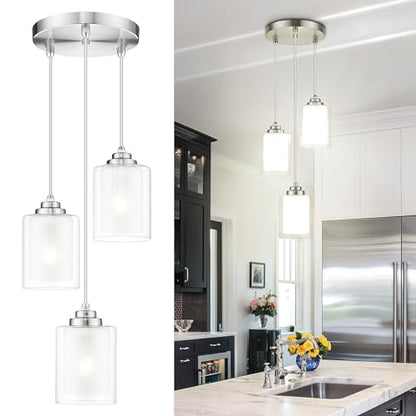 TENGXIN 3-Light Brushed Nickel Pendant Lights Kitchen Island, Dual Glass - color: Brushed Nickel, Dual Glass, size: 4", 3-Light