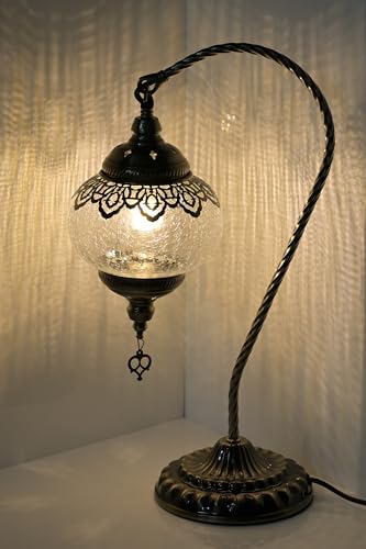GOGERS Swan Neck Turkish Moroccan Lamp Handmade Stained Mosaic Glass Vintage Lamp Shade Bohemian Tiffany Style Bedside Night Lamp Lighting for Bedroom Living Room (White) - color: White