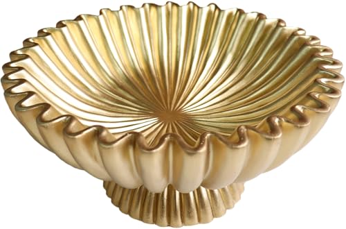 10" Large Decorative Bowl decor, Scalloped Bowls for Modern Home Decor,Ruffle Decor,Stylish Key Bowl for Entry Table,Decorative Fruit Bowl for Kitchen Counter,With base,Golden - color: Golden - with base