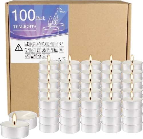 Unscented Tealight Candles 100 Pack, 4 Hours Smokeless Dripless White Mini Tea Candle Bulk for Home, Wedding, Party, Shabbat, Christmas & Emergency Use - color: White, size: 100 Pack