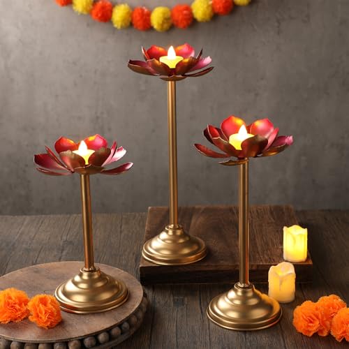 LemonRoad 3 Pcs Diwali Lotus Shaped Candle Holder for Indian Diwali Pooja