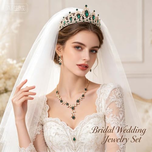 Kamirola Tiaras and Crowns for Women,Tiaras Earrings Necklace, Crystal Bridal Jewelry Set, Costume Party Halloween Prom Pageant Jewelry for Women(TR45) - color: Gold Green