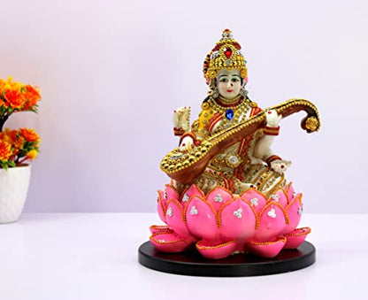 eSplanade Saraswati on Lotus | Saraswati Goddess Murti Idol Statue Sculpture Figurine - Resin - Multi - 10.5" Inches