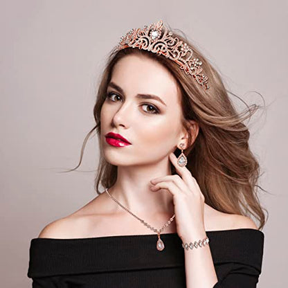 CIEHER 4/5 Pieces Women Jewelry Set - Rhinestone Crown + Drop Necklace + Elegant Bangle Bracelet + Crystal Teardrop Dangle Earrings for Bridal Wedding Party - color: Rose Gold