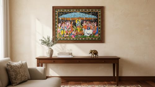Krishna lifting Goverdhan Batik Cotton Wall Hanging Painting : Size 43"x30" Inches - color: Goverdhan