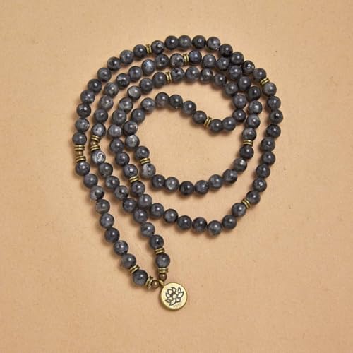 108 Natural Stone Mala Beads Yoga Bracelet with Lotus Charm - style: Labradorite