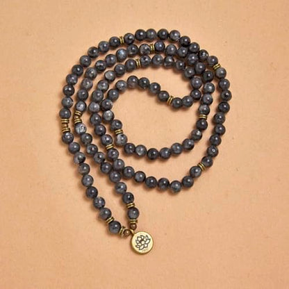 108 Natural Stone Mala Beads Yoga Bracelet with Lotus Charm - style: Labradorite