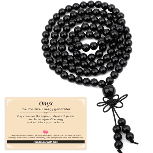 AD Beads 6mm 8mm 108 Prayer Mala Jasper Elastic Bracelet - Handmade Yoga Meditation Healing Power Energy Gifts for Unisex Adult. - color: Onyx(Positive Energy Generator)