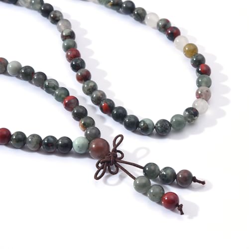 108 Mala Beads Stretch Bracelet 6mm Natural Gemstone Prayer Beaded Necklace - color: African Bloodstone