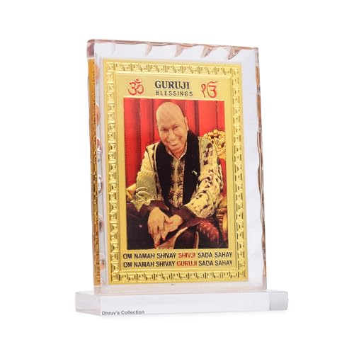 DHRUVS COLLECTION Gold Plated Dugri, Chattarpur Wale Guru Ji Idol Acrylic Diamond Cut Photo Frame Stand for Home Decor, Car Dashboard, Office Table, Temple, Housewarming Gift (10.5 x 8 Centimeters) - color: Chattarpur Wale Guru Ji