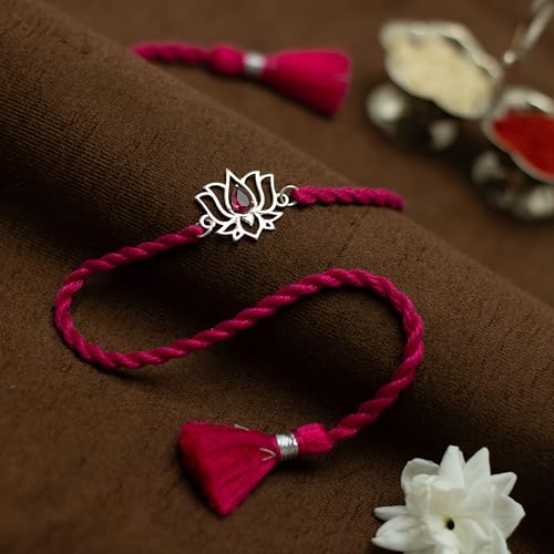 Meenakari Pure 925 Sterling Silver Lotus with Zircon Rakhi set with Roli Chawal, Rakshabandhan Greeting Card and Authenticity certificate For Brother/Men/Unisex