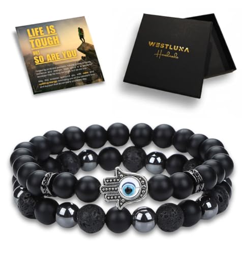 Mens Beaded Bracelets, Cross Bracelet for Men with Hematite Black Obsidian Lava Stone Triple Protection Bracelets for Men - size: Small, style: Evil Eye