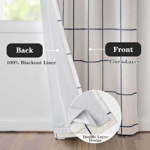 MYSKY HOME 100% Blackout Plaid Farmhouse Linen Curtains 54 Inch Length 2 Panels - Double Layer Checkered Windowpane Pattern Thermal Insulated Privacy Protection for Home, 52" W Each Panel, Navy Blue - color: Navy Blue, size: 52"W x 54"L (Pack of 2)