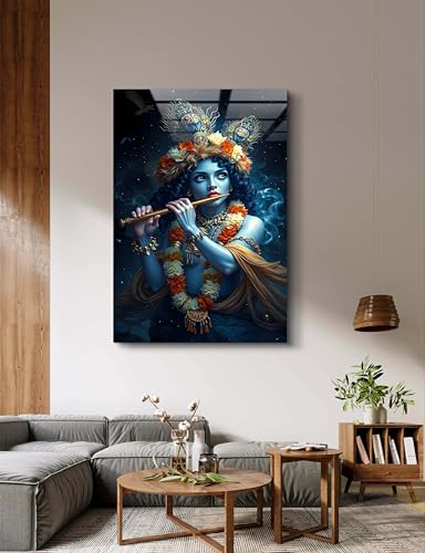 Divine Krishna Playing the Flute Glass Wall Art, Mystical Hindu God Tempered Glass Print, Spiritual Wall Decor, Indian Mythology Modern Artwork, Ready to Hang Meditation Room Decor, Ultra Large Size Options, Unique Housewarming Gift (31.4" x 47.2" İnches)